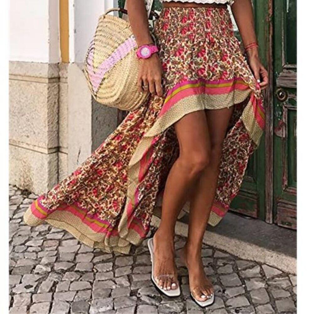 Boho Floral Pink  Maxi Skirt Elastic Waist Spring Summer Women Long Skirt